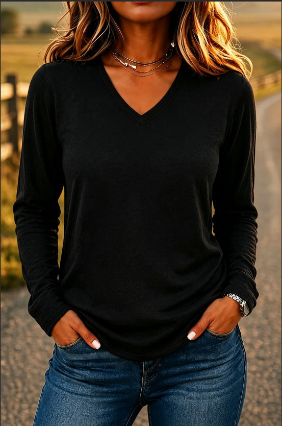 Women’s V-Neck Loose-Fit Long Sleeve T-Shirt – Solid Color Casual Pullover Top