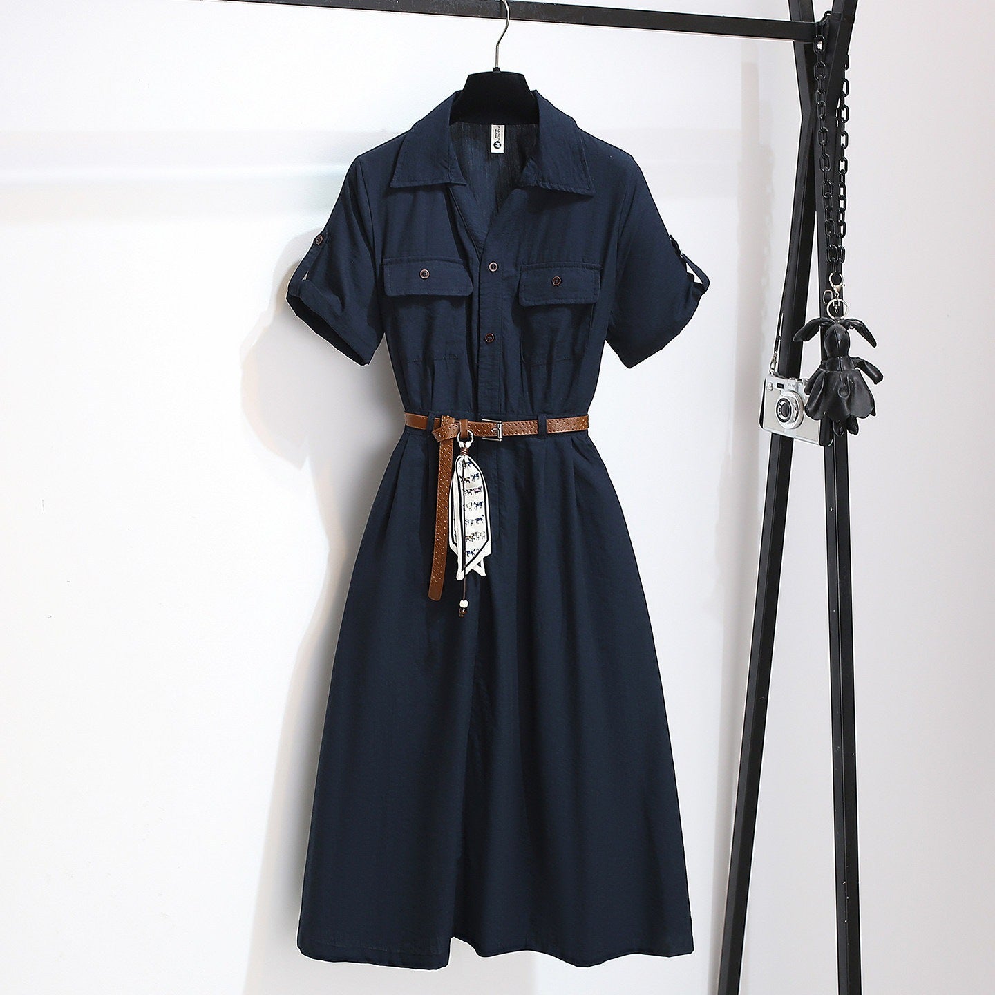 Women’s Summer Waist-Cinching A-Line Shirt Dress – Casual Button-Up Flare Dress