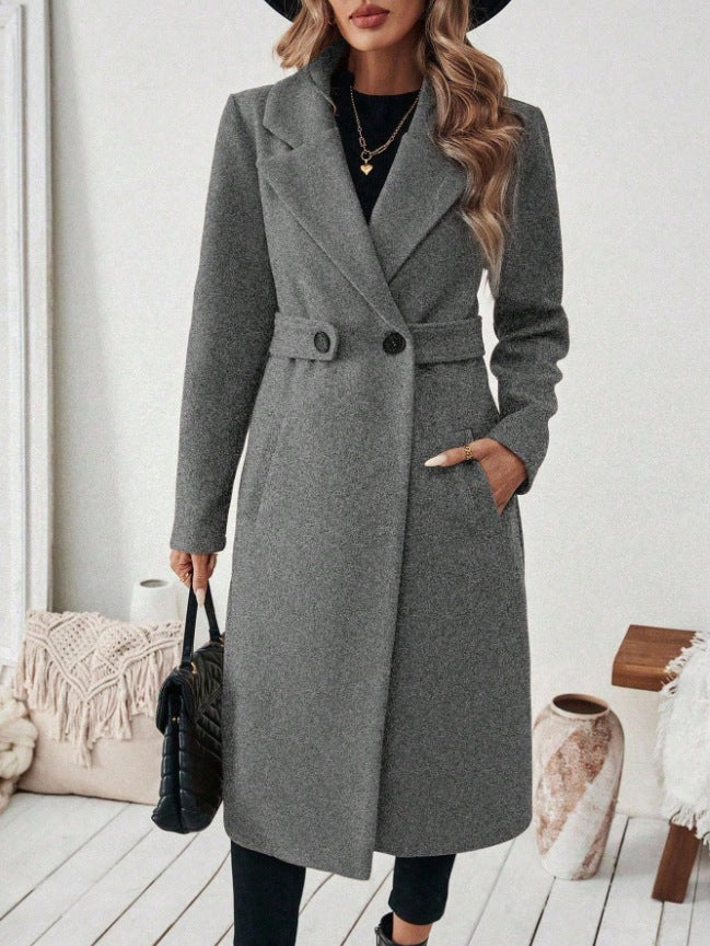 Women’s Double-Breasted Wool Coat – Solid Color Lapel Collar Winter Jacket