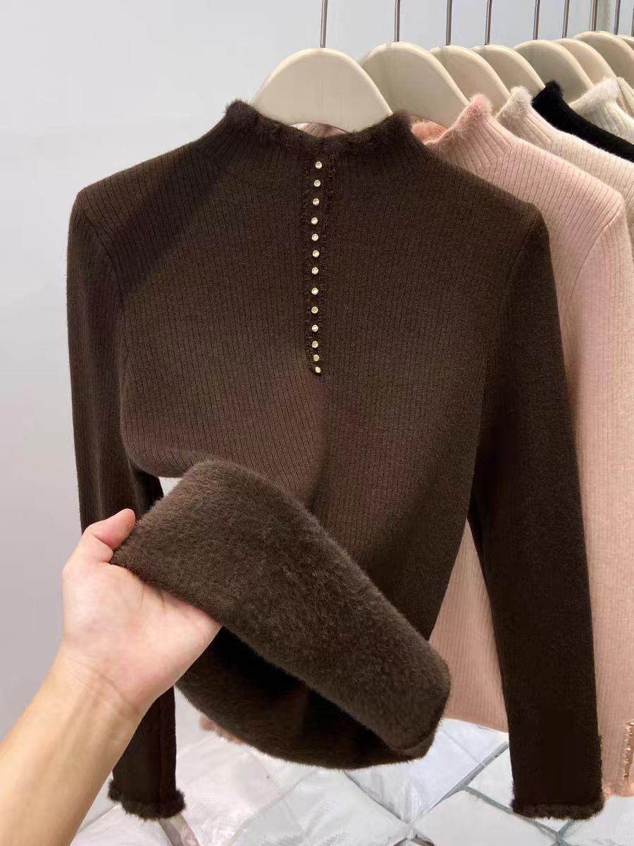Women’s Fleece-Lined Mock Neck Thermal Top – Oversized One-Piece Pullover for Fall & Winter