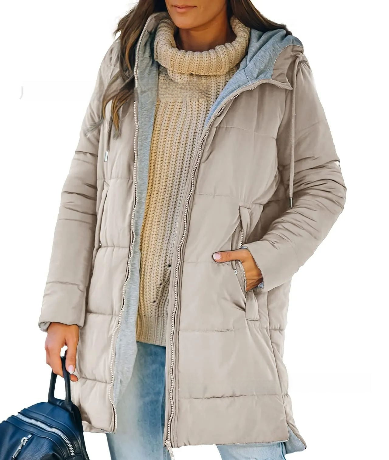 Women’s Hooded Long Cotton Coat with Pockets – Solid Color Casual Winter Jacket