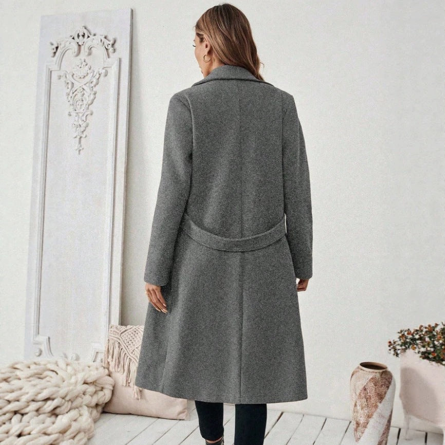 Women’s Double-Breasted Wool Coat – Solid Color Lapel Collar Winter Jacket
