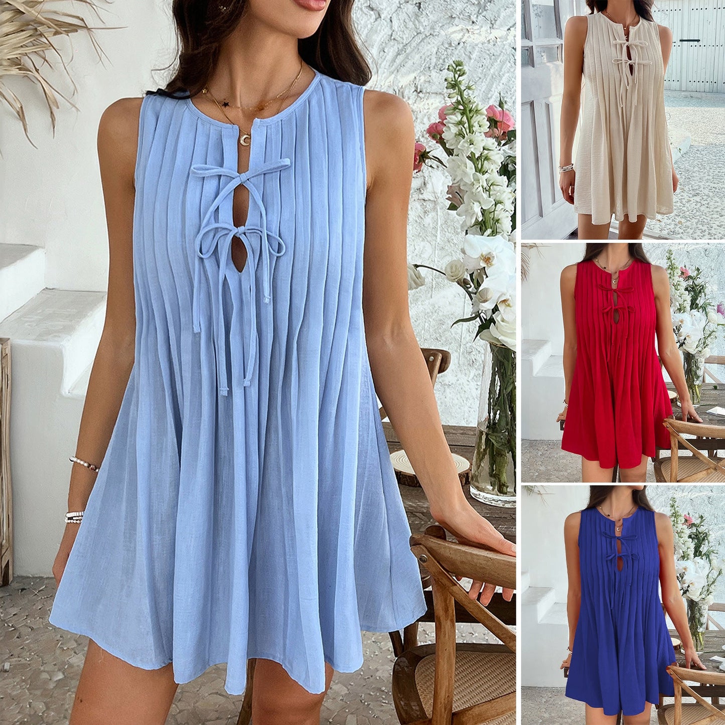 Women’s Solid Color Lace-Up Pleated Mini Dress – Sleeveless Casual Summer Party Dress
