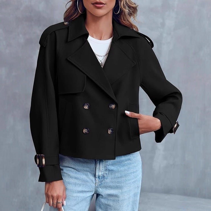 Women’s Short Double-Breasted Trench Coat – Fashionable Casual Jacket for Fall & Spring