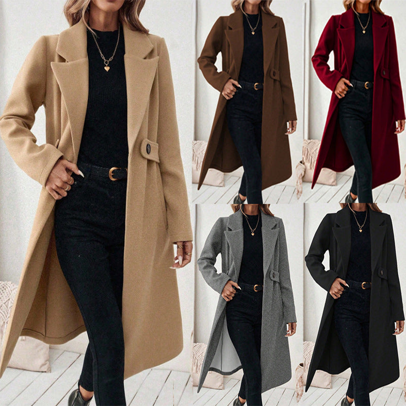 Women’s Double-Breasted Wool Coat – Solid Color Lapel Collar Winter Jacket