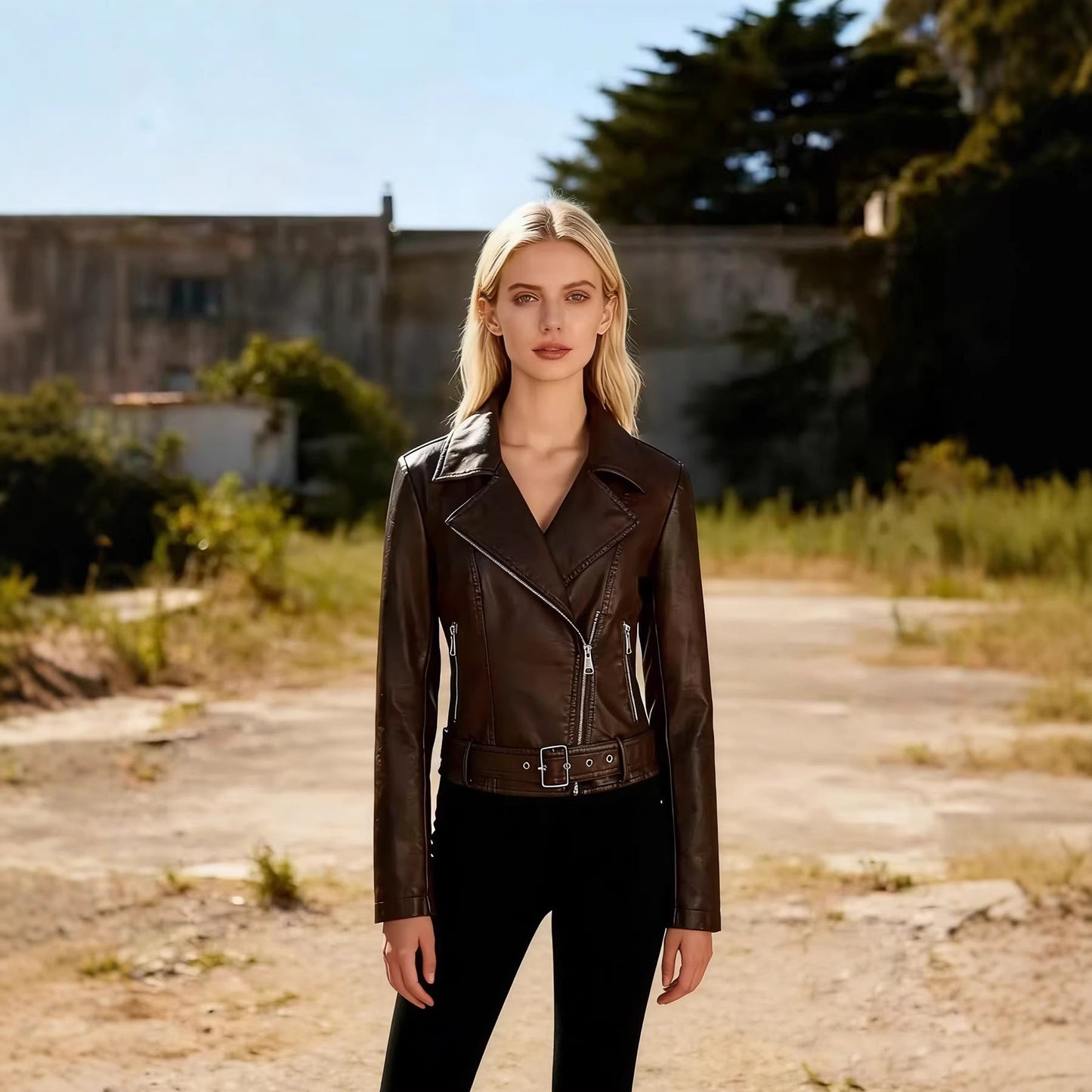 Women’s Short Leather Biker Jacket – Lapel Collar Motorcycle-Style Slim-Fit Coat