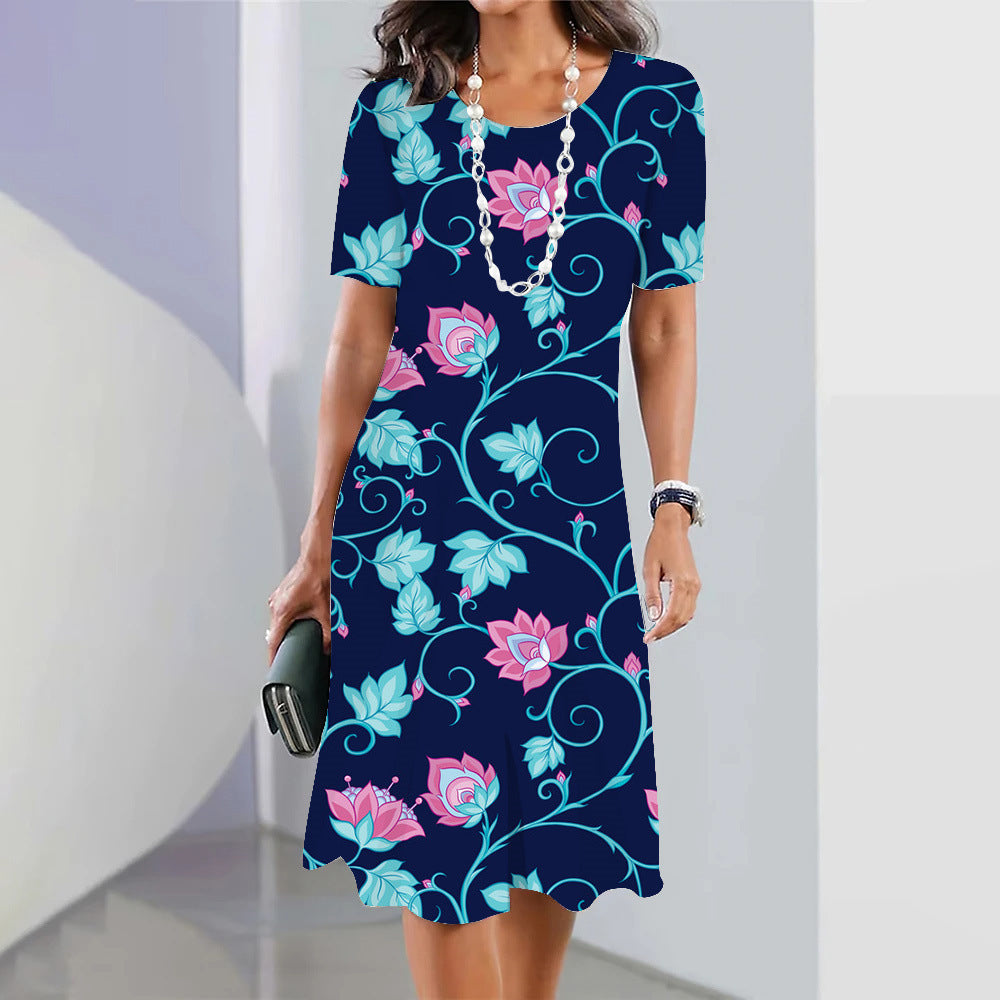 Women’s 3D Floral Print Party Dress – Blue Round-Neck Sleeveless Elegant Dress