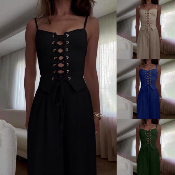 Women’s Sexy Hollow-Out Strap Top & Wide-Leg Pants Set – Casual Summer 2-Piece Outfit