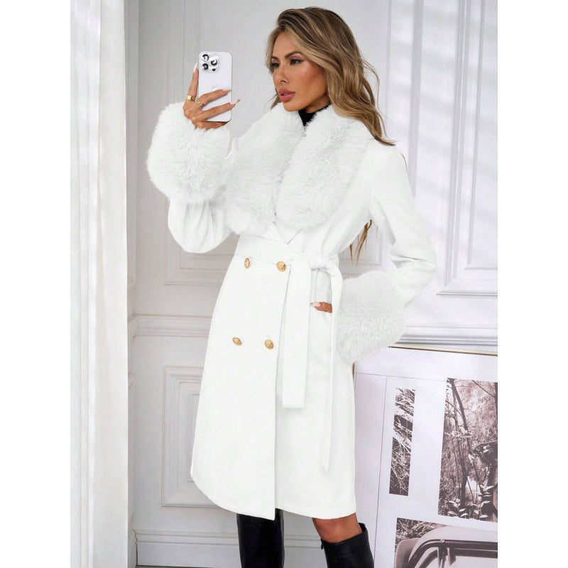 Women’s Elegant Double-Breasted Trench Coat with Tie Belt – Classic Longline Outerwear Jacket