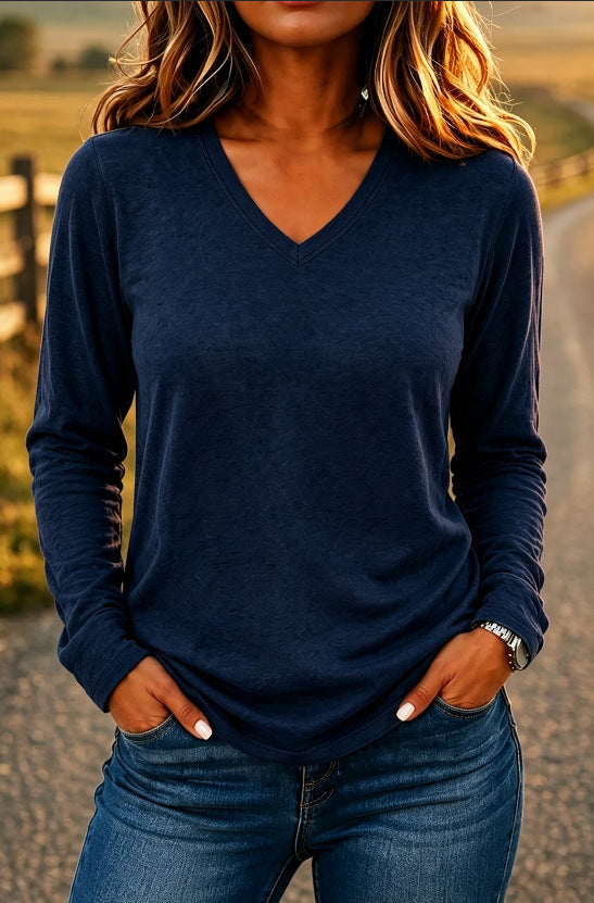 Women’s V-Neck Loose-Fit Long Sleeve T-Shirt – Solid Color Casual Pullover Top