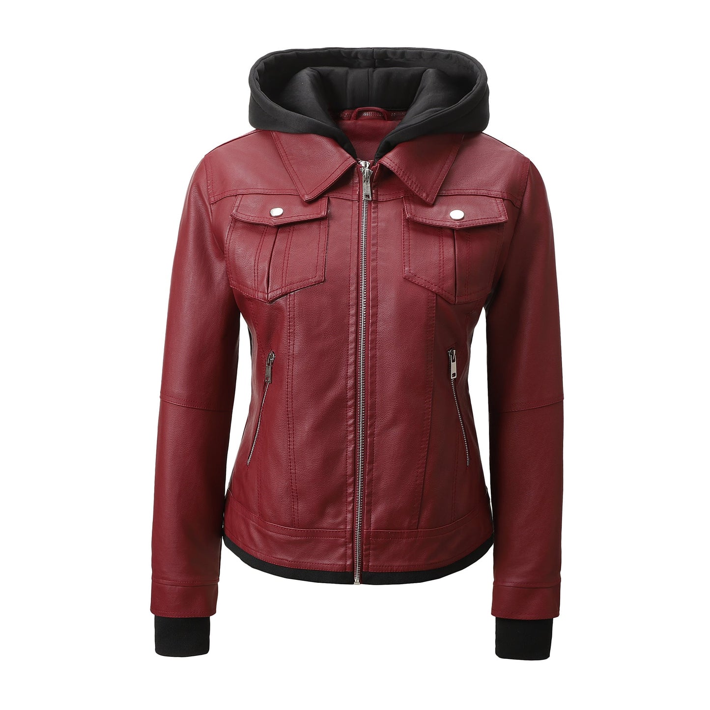 Women’s Faux Leather Biker Jacket with Detachable Hood – Slim-Fit Waist-Cinching Motorcycle Coat