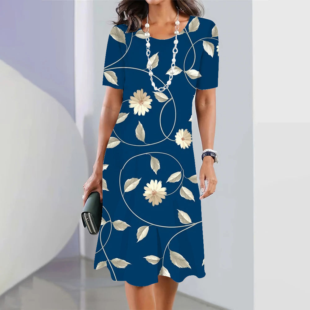 Women’s 3D Floral Print Party Dress – Blue Round-Neck Sleeveless Elegant Dress