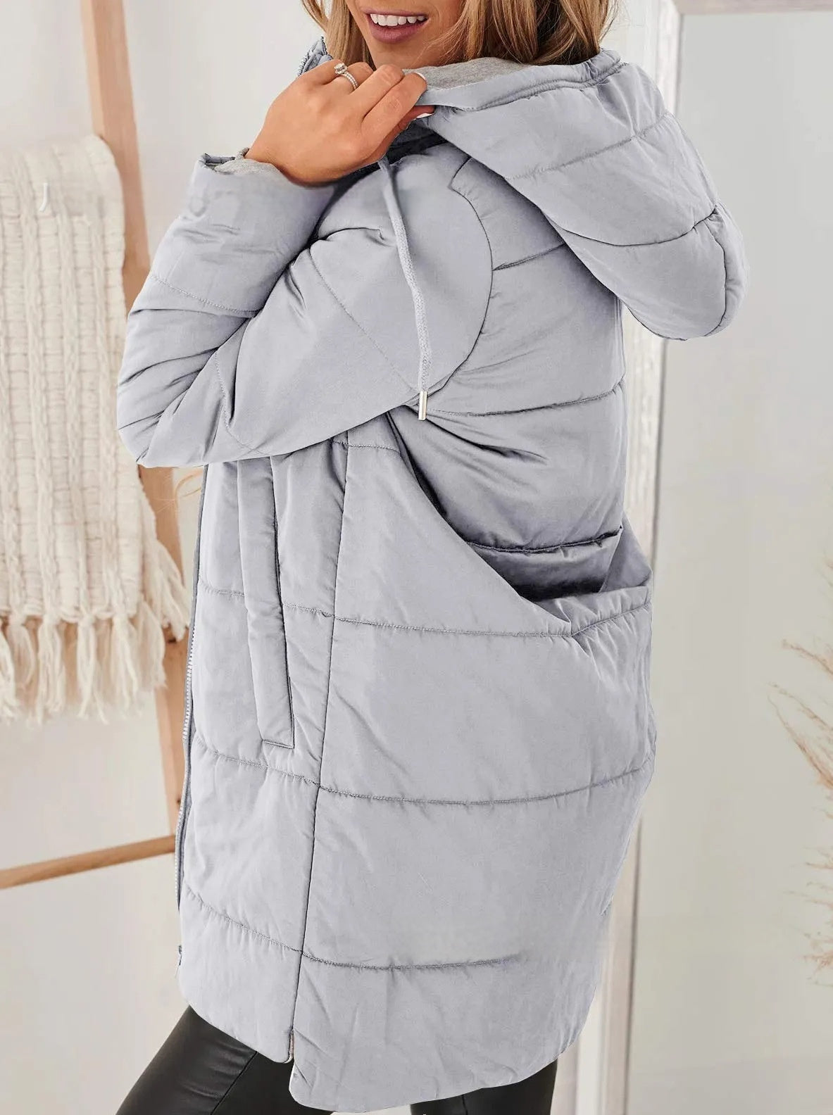 Women’s Hooded Long Cotton Coat with Pockets – Solid Color Casual Winter Jacket