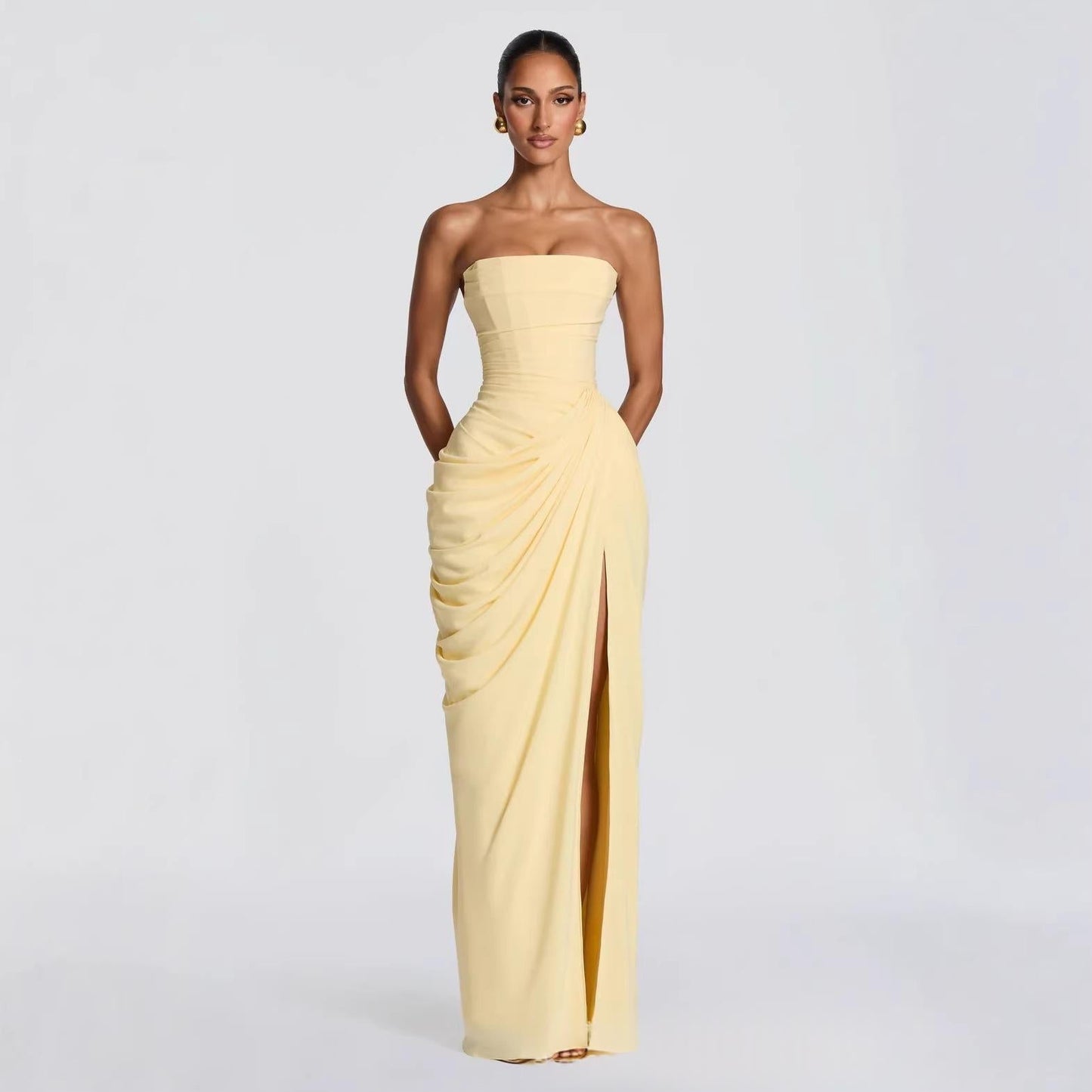 Women’s Strapless Pleated Slit Evening Dress – French Style Elegant Summer Wedding & Party Gown