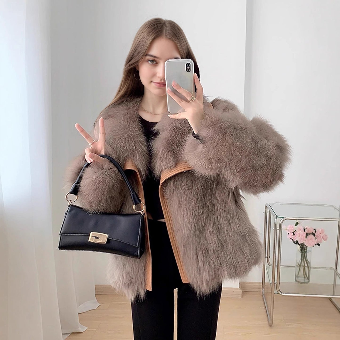 Women’s Youth-Style Faux Fox Fur Coat – Soft Plush Warm Winter Jacket