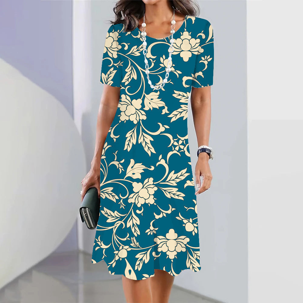 Women’s 3D Floral Print Party Dress – Blue Round-Neck Sleeveless Elegant Dress