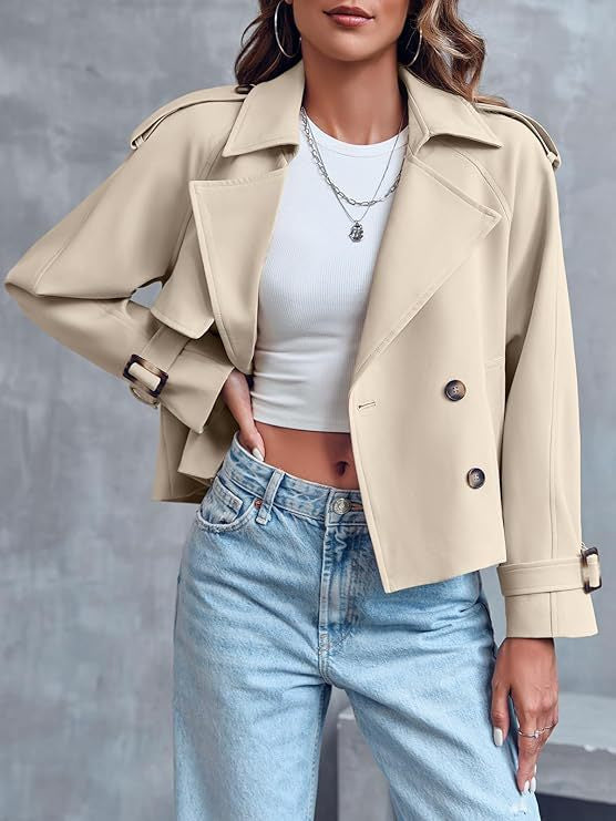 Women’s Short Double-Breasted Trench Coat – Fashionable Casual Jacket for Fall & Spring