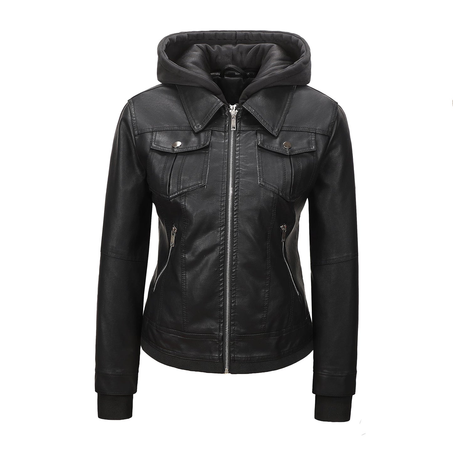 Women’s Faux Leather Biker Jacket with Detachable Hood – Slim-Fit Waist-Cinching Motorcycle Coat