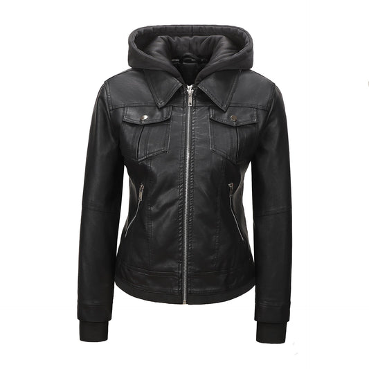 Women’s Faux Leather Biker Jacket with Detachable Hood – Slim-Fit Waist-Cinching Motorcycle Coat