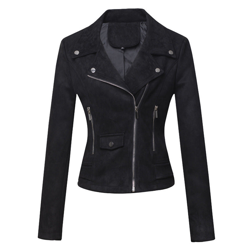 Women’s Slim-Fit Suede Leather Jacket – Short Commuter Motorcycle-Style Outerwear