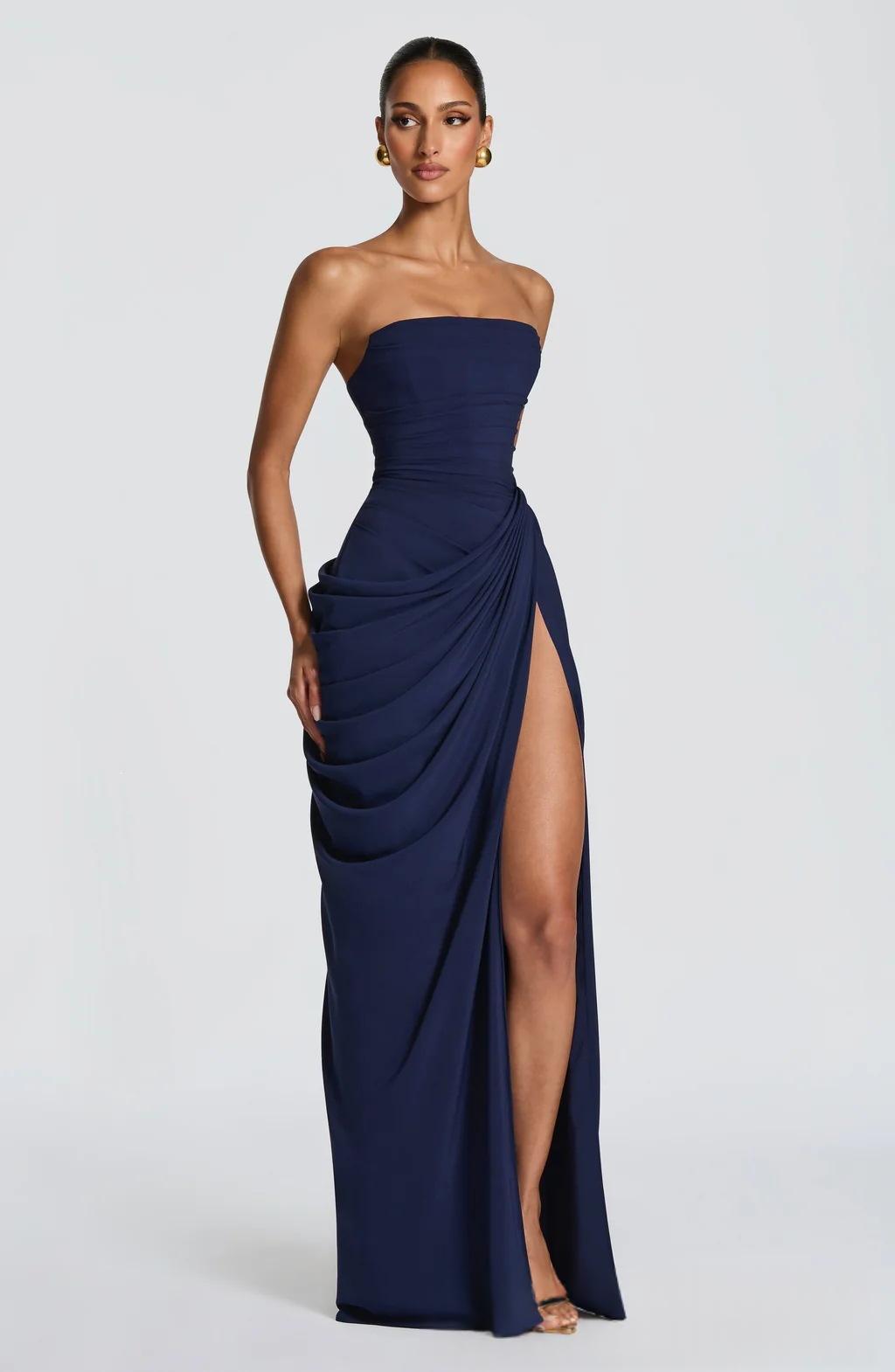 Women’s Strapless Pleated Slit Evening Dress – French Style Elegant Summer Wedding & Party Gown