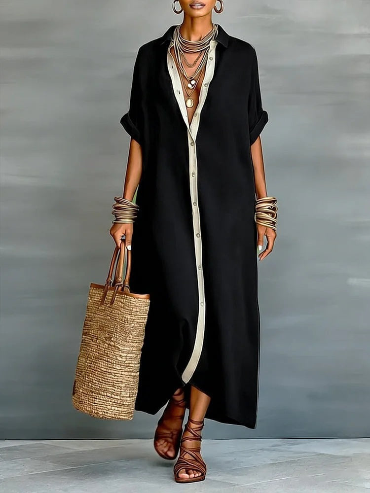 Women’s Summer Short-Sleeve Shirt Dress – Lapel Collar Button-Front Maxi Dress