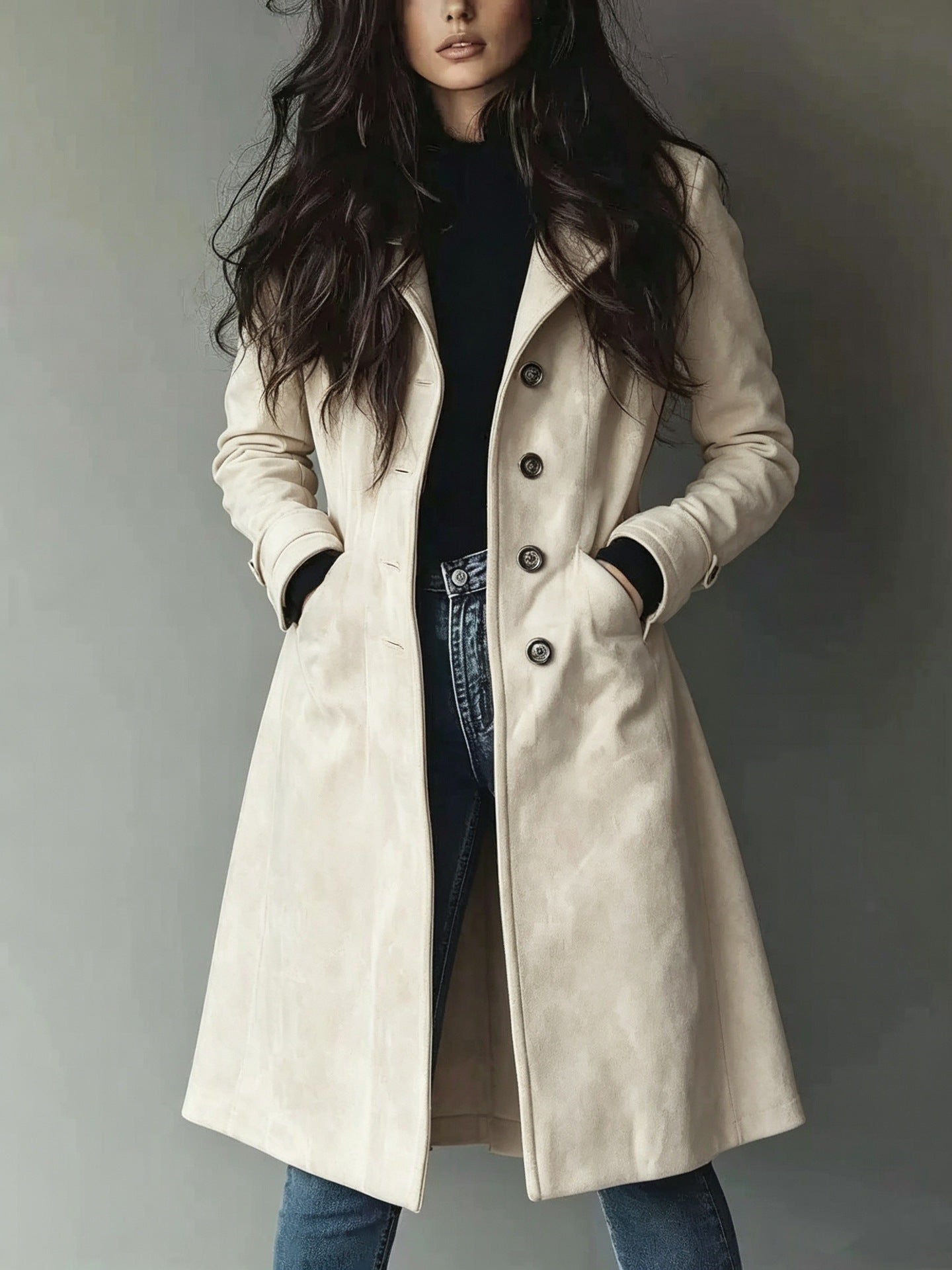 Women’s Suede Lapel Trench Coat – Mid-Length Fall & Winter Belted Jacket