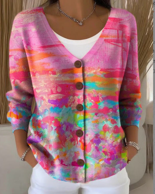 Women’s Printed Knit Cardigan Sweater with Buttons – Casual Long-Sleeve Patterned Pullover