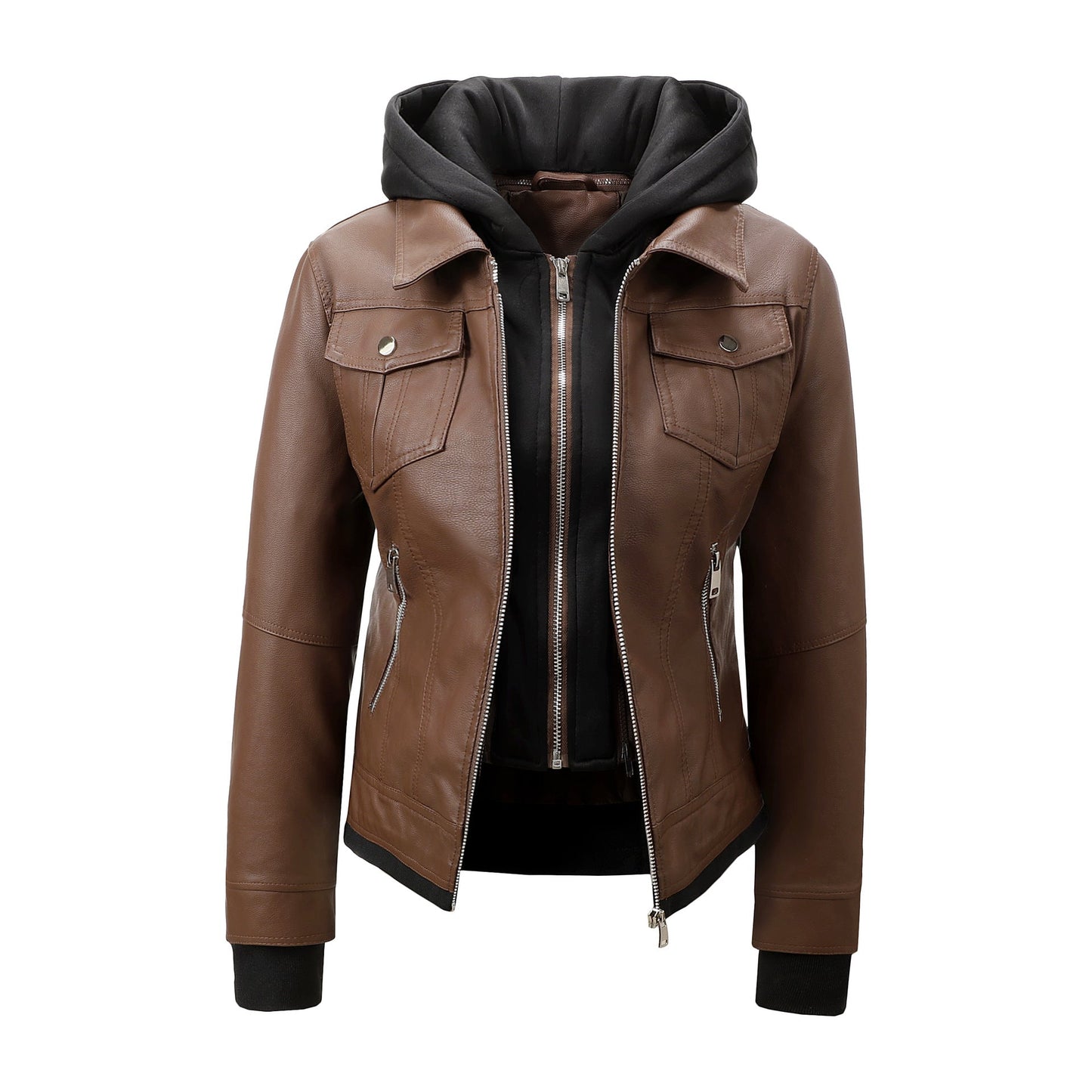 Women’s Faux Leather Biker Jacket with Detachable Hood – Slim-Fit Waist-Cinching Motorcycle Coat