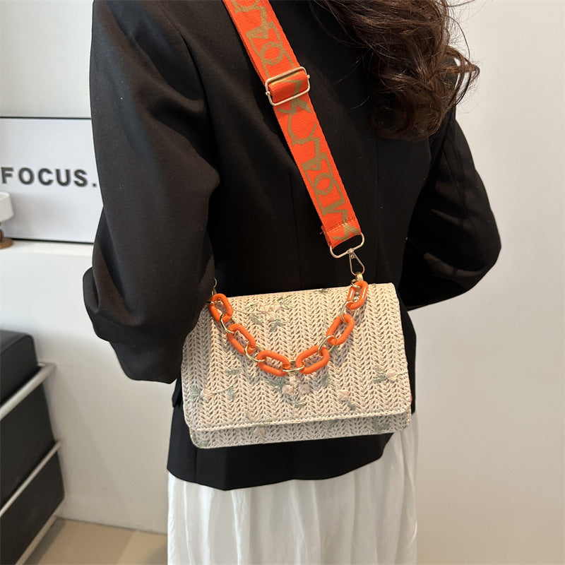 Women's Straw Small Square Crossbody Bag with Acrylic Chain