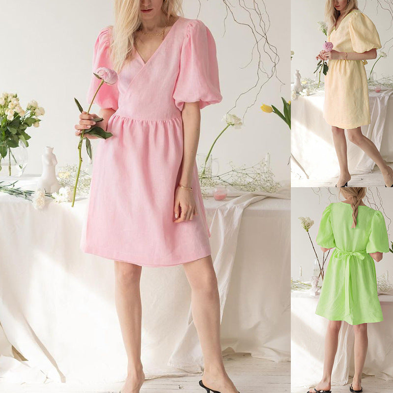 Women’s V-Neck Half-Sleeve Loose Dress – Relaxed-Fit Casual Summer Midi Dress