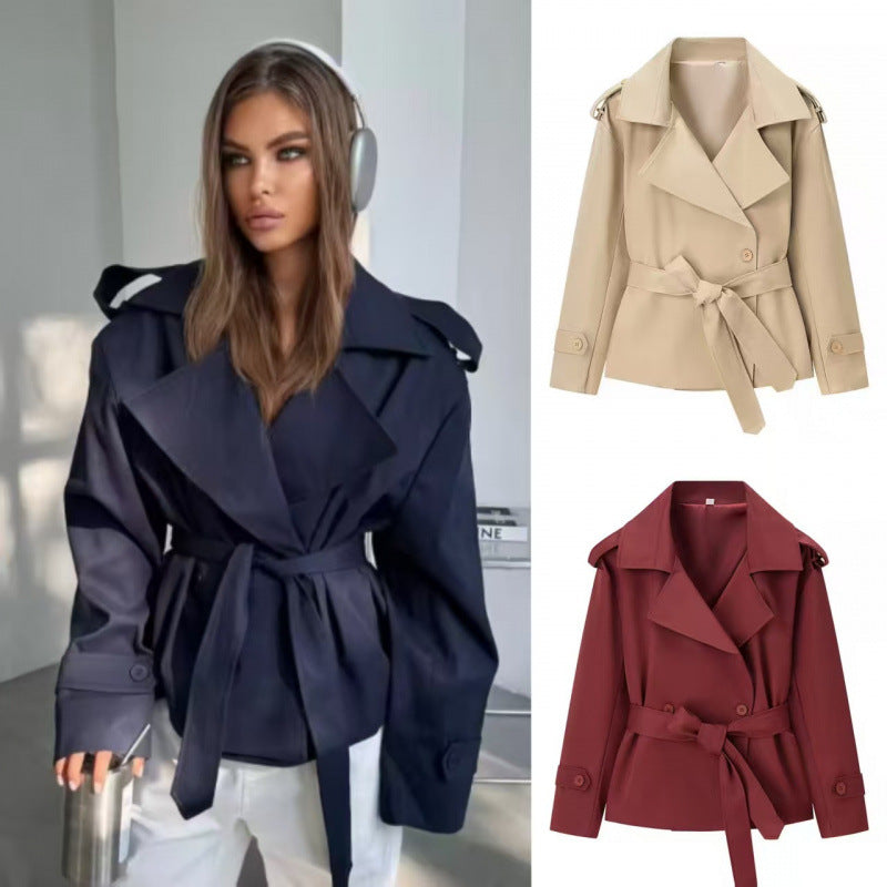 Women’s Solid Color Belted Short Trench Coat – European Style Cropped Jacket with Waist Tie