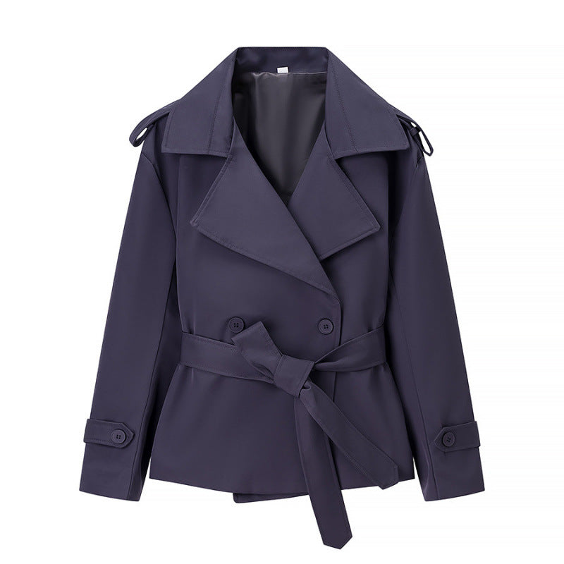 Women’s Solid Color Belted Short Trench Coat – European Style Cropped Jacket with Waist Tie