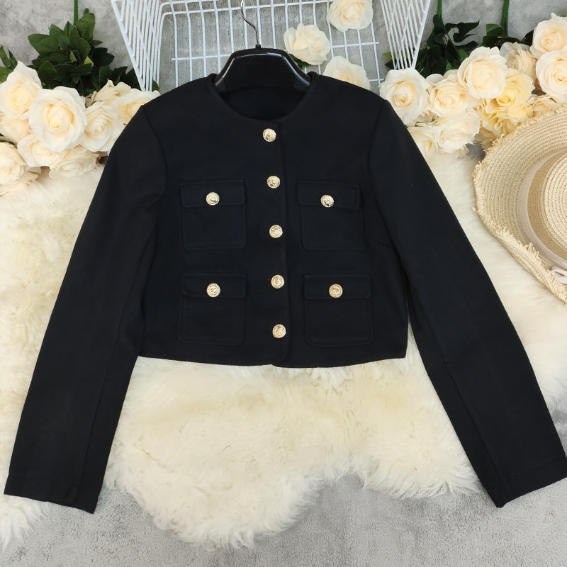 Women’s Wool Blend Short Jacket – Round Neck Solid Color Casual Lightweight Coat