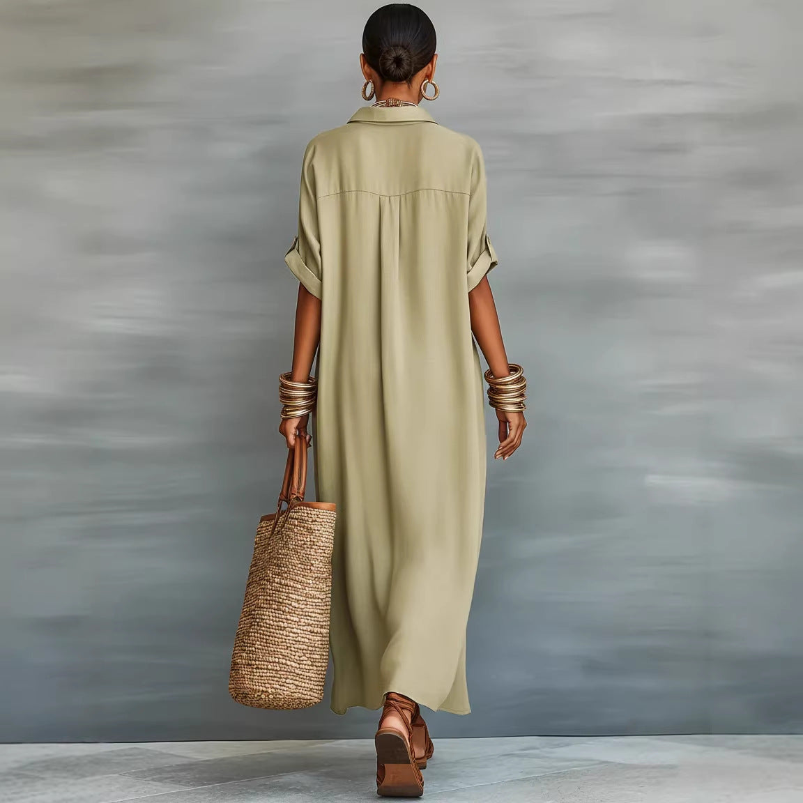 Women’s Summer Short-Sleeve Shirt Dress – Lapel Collar Button-Front Maxi Dress