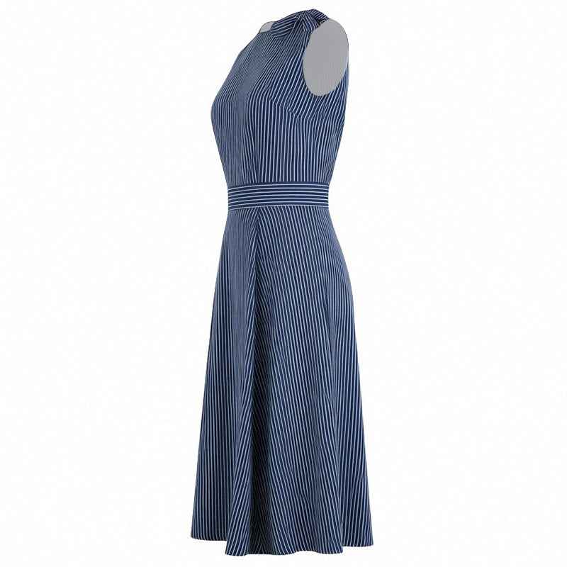 French-Style Vintage Striped Sleeveless High-Waisted Long Dress