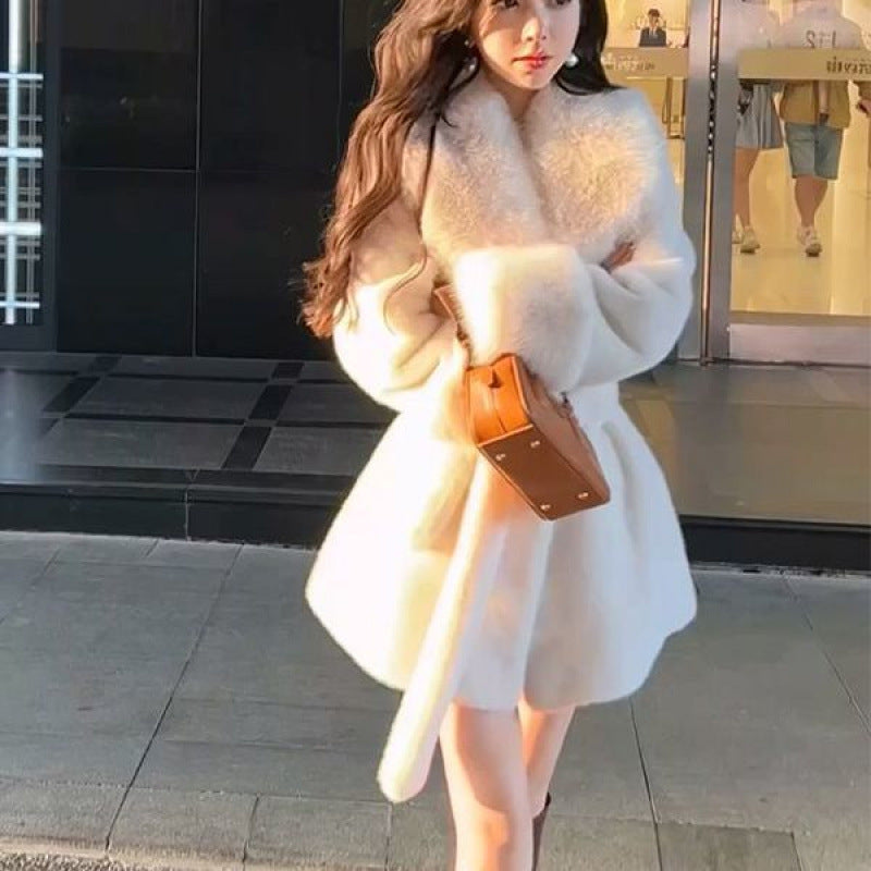 Women’s Mid-Length Faux Fur Coat with Large Fur Collar & Belt – Elegant Winter Wrap Coat