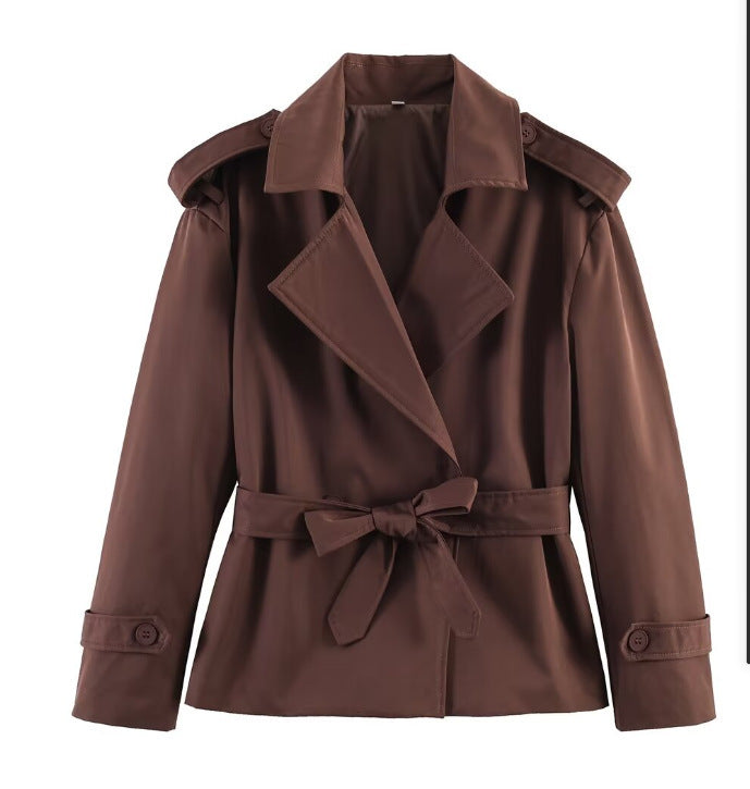 Women’s Solid Color Belted Short Trench Coat – European Style Cropped Jacket with Waist Tie