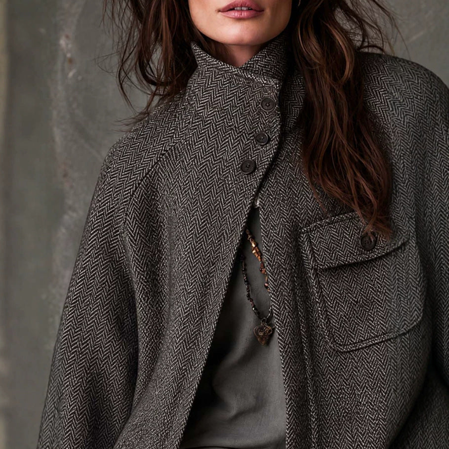 Women’s Vintage Oversized Herringbone Wool Coat – Long Relaxed-Fit Winter Outerwear Jacket