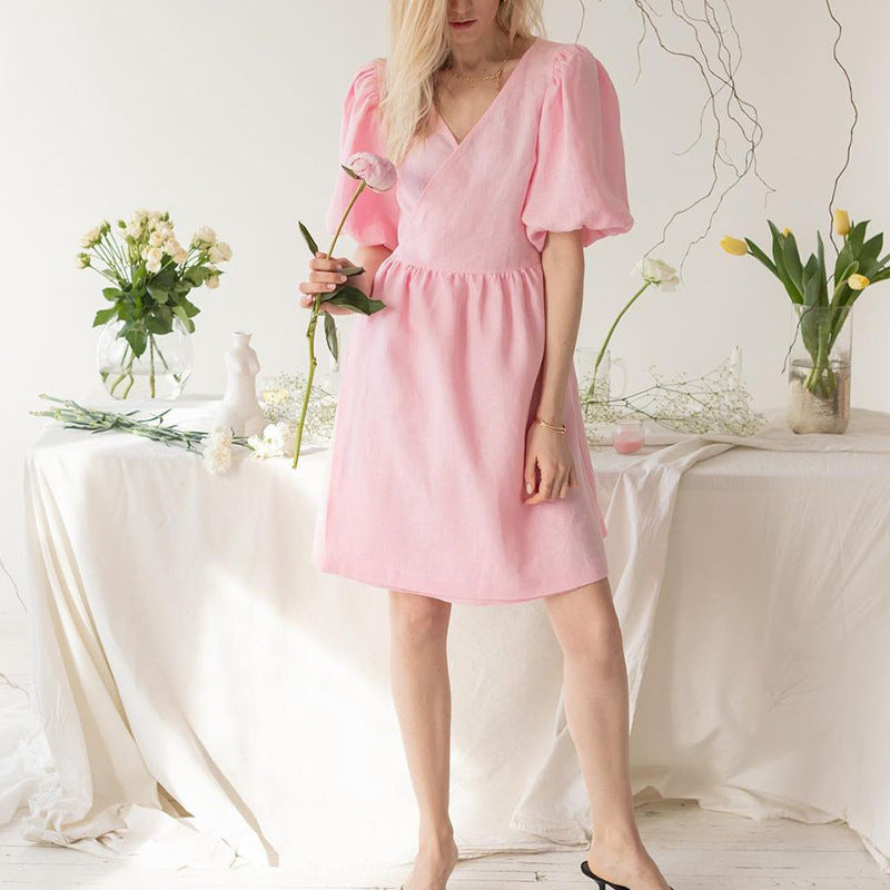 Women’s V-Neck Half-Sleeve Loose Dress – Relaxed-Fit Casual Summer Midi Dress