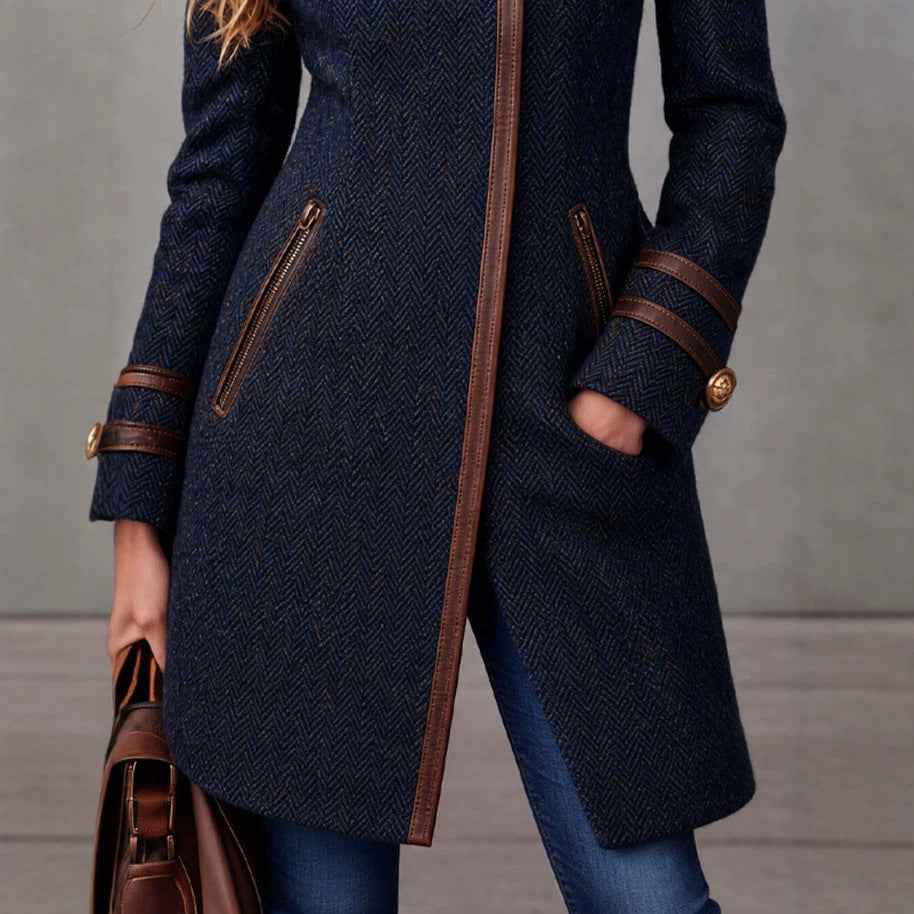 Women’s Mid-Length Herringbone Tweed Coat – Side-Zip Wool-Blend Jacket
