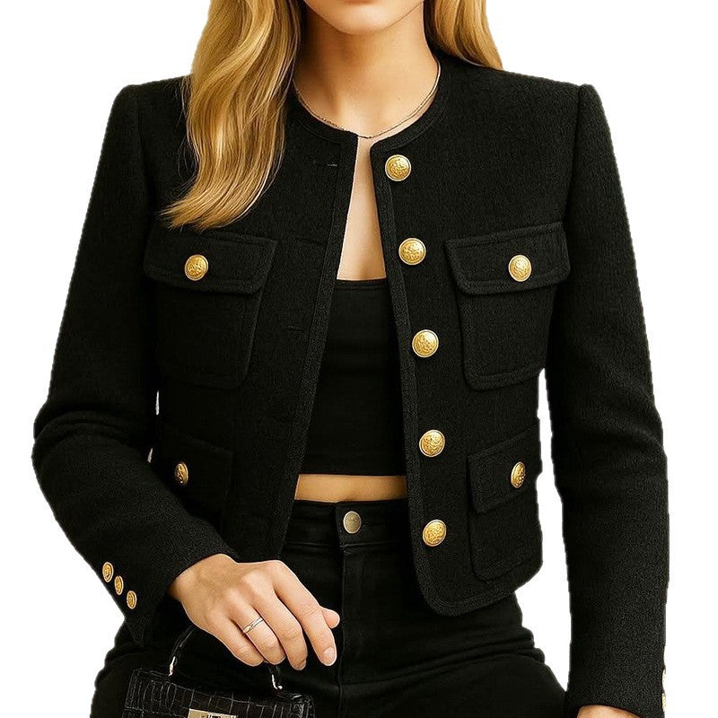 Women’s Wool Blend Short Jacket – Round Neck Solid Color Casual Lightweight Coat