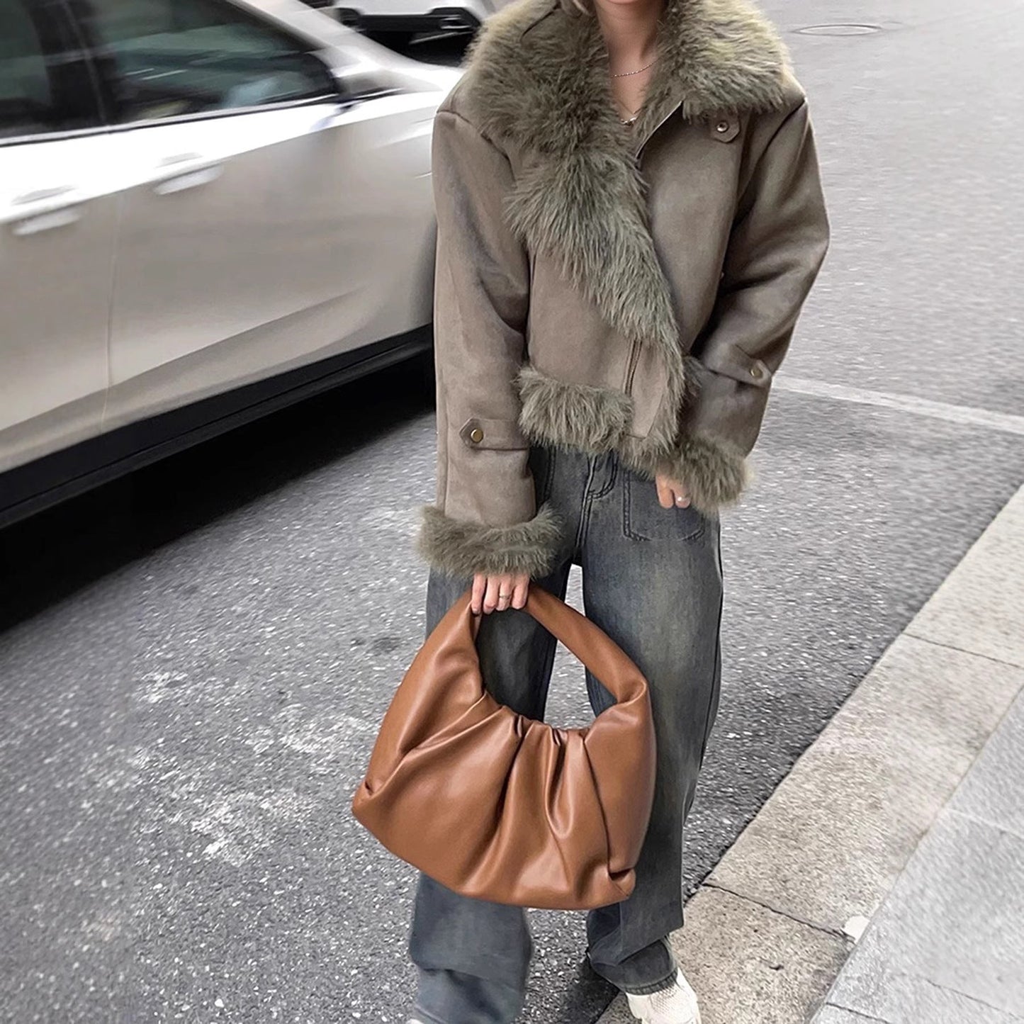 Women’s Leather & Fur-Lined Biker Jacket – Short Suede-Lined Motorcycle Coat
