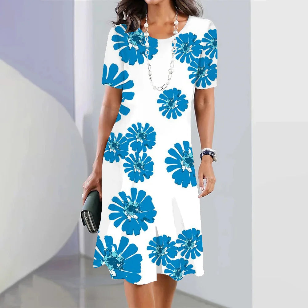 Women’s 3D Floral Print Party Dress – Blue Round-Neck Sleeveless Elegant Dress