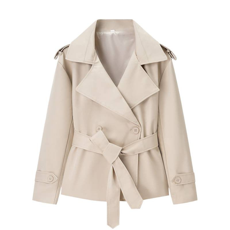 Women’s Solid Color Belted Short Trench Coat – European Style Cropped Jacket with Waist Tie