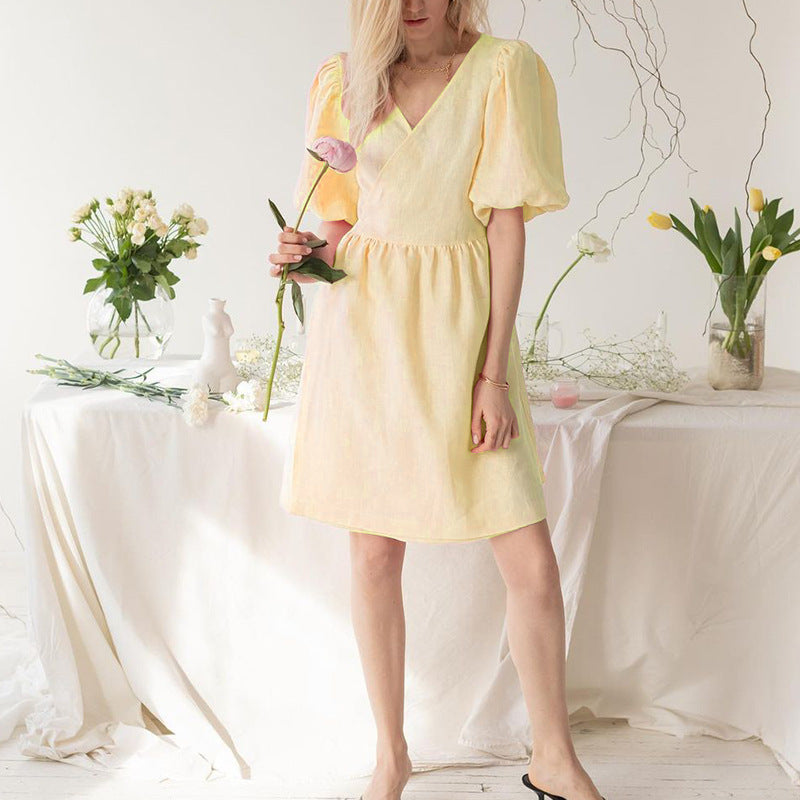 Women’s V-Neck Half-Sleeve Loose Dress – Relaxed-Fit Casual Summer Midi Dress