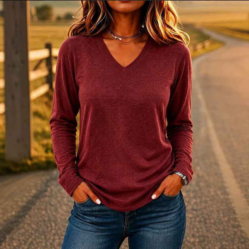 Women’s V-Neck Loose-Fit Long Sleeve T-Shirt – Solid Color Casual Pullover Top