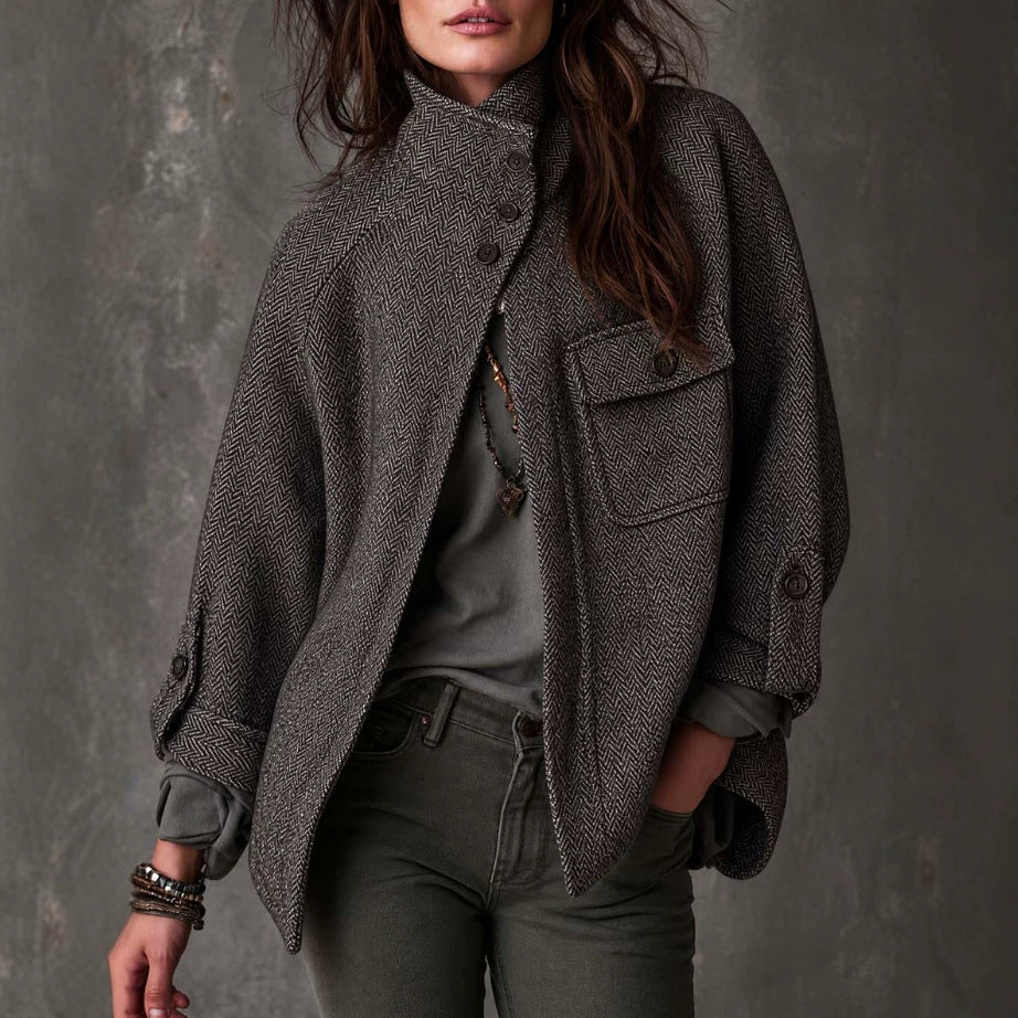 Women’s Vintage Oversized Herringbone Wool Coat – Long Relaxed-Fit Winter Outerwear Jacket