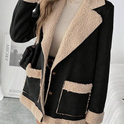 Women’s Suede & Corduroy Lambswool Coat – Warm Winter Long-Sleeve Outerwear Jacket